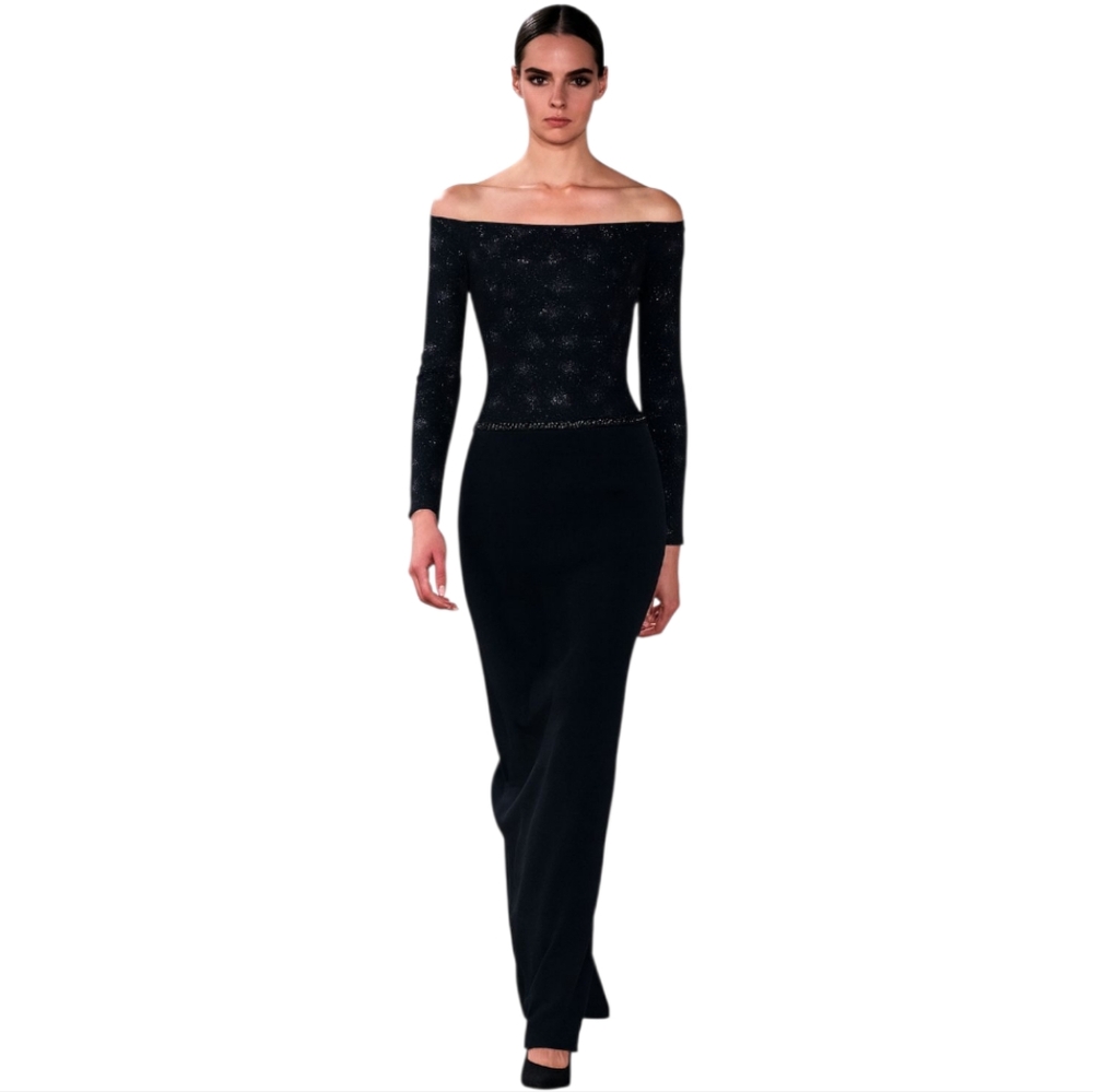 Scott McClintock Vintage‎ Jersey Shimmer Bugle Bead Off the Shoulder Maxi Dress